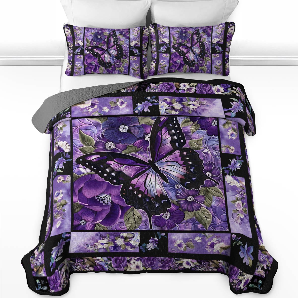 Lorva All Season Quilt 3-Piece Set Gorgeous Purple Butterfly Flowers