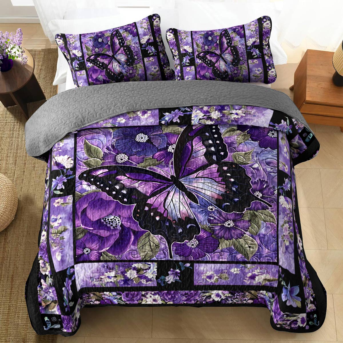 Lorva All Season Quilt 3-Piece Set Gorgeous Purple Butterfly Flowers