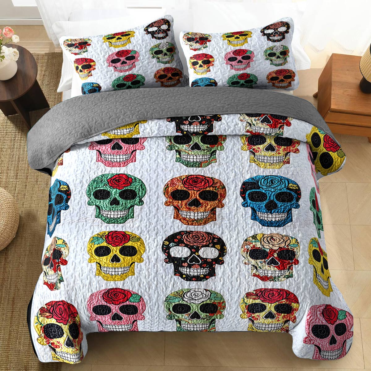 Lorva All Season Quilt 3-Piece Set Colorful Roses Sugar Skulls