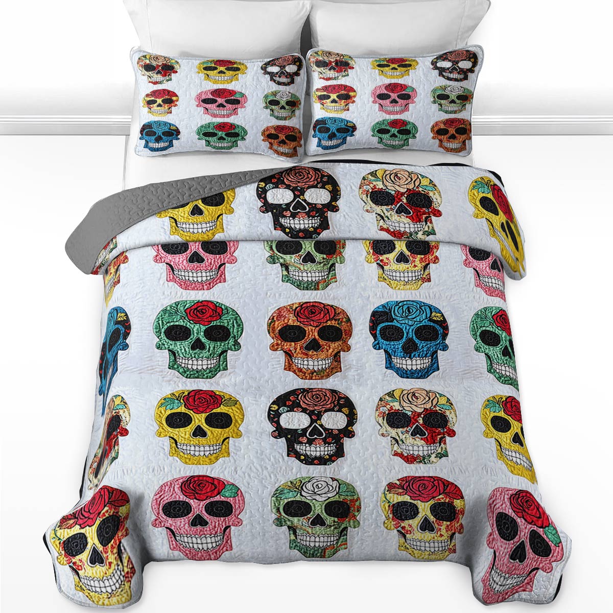 Lorva All Season Quilt 3-Piece Set Colorful Roses Sugar Skulls