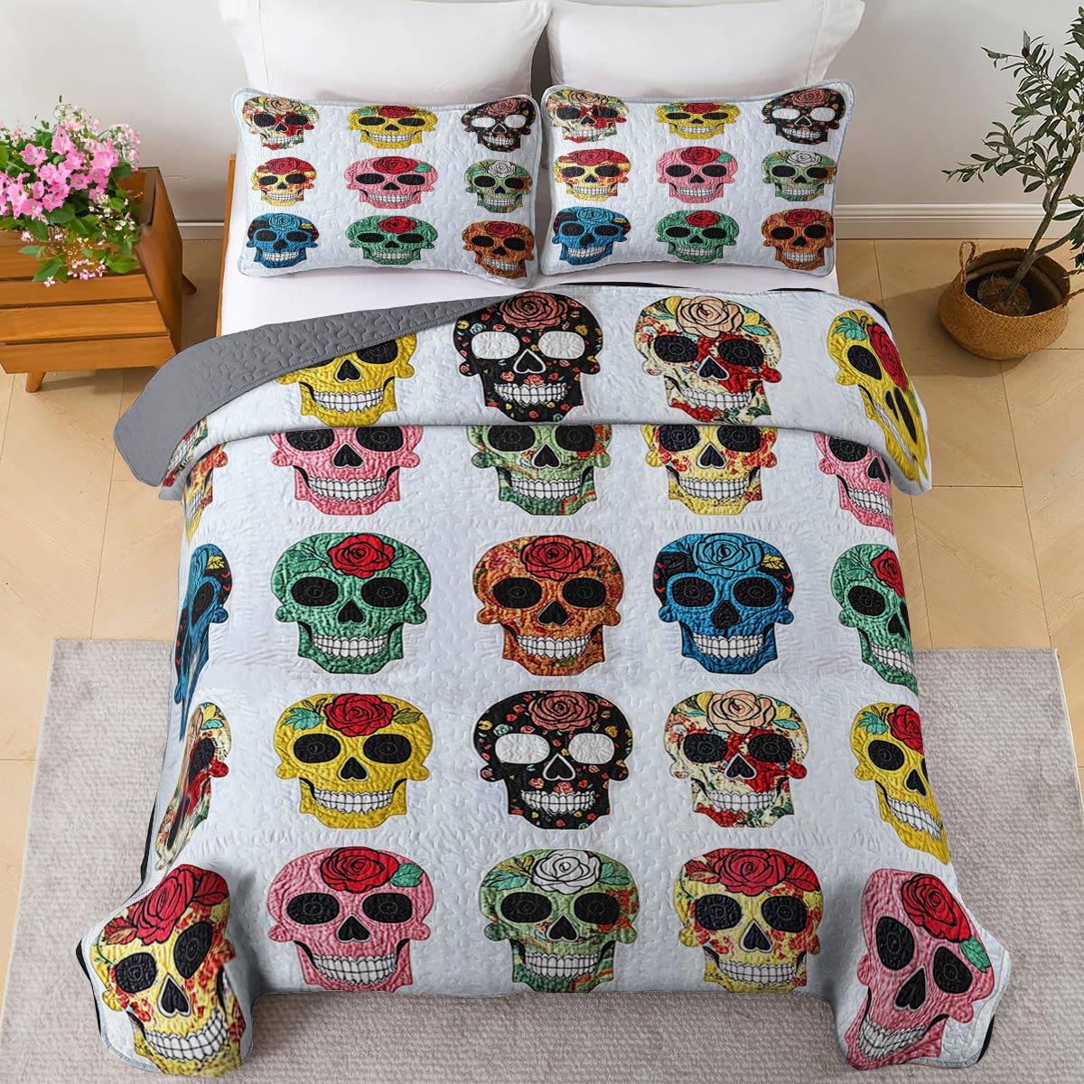 Lorva All Season Quilt 3-Piece Set Colorful Roses Sugar Skulls