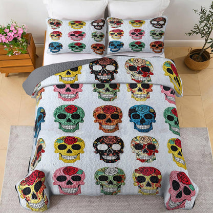 Lorva All Season Quilt 3-Piece Set Colorful Roses Sugar Skulls
