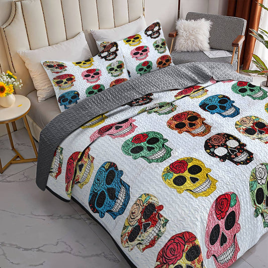 Lorva All Season Quilt 3-Piece Set Colorful Roses Sugar Skulls