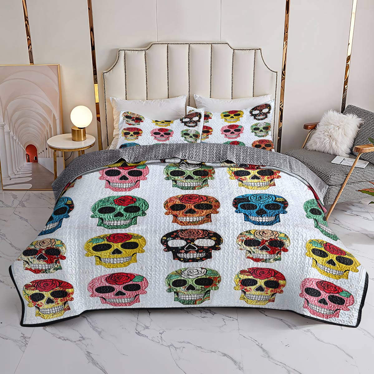 Lorva All Season Quilt 3-Piece Set Colorful Roses Sugar Skulls