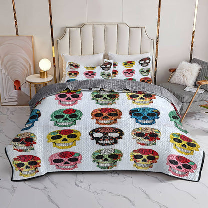Lorva All Season Quilt 3-Piece Set Colorful Roses Sugar Skulls