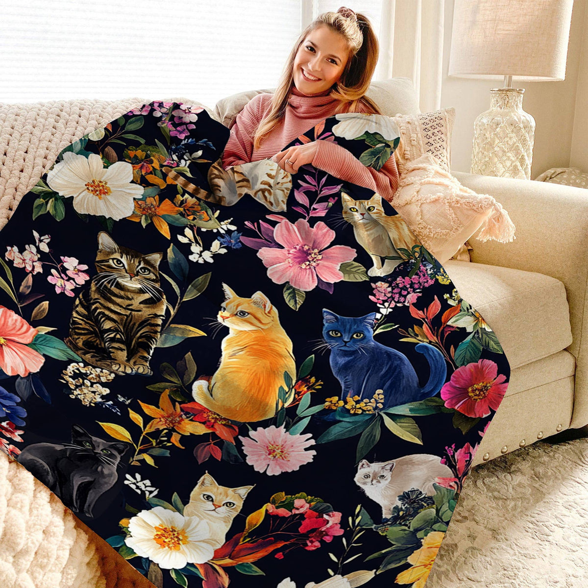 Lorva Fleece Blanket Floral Feline