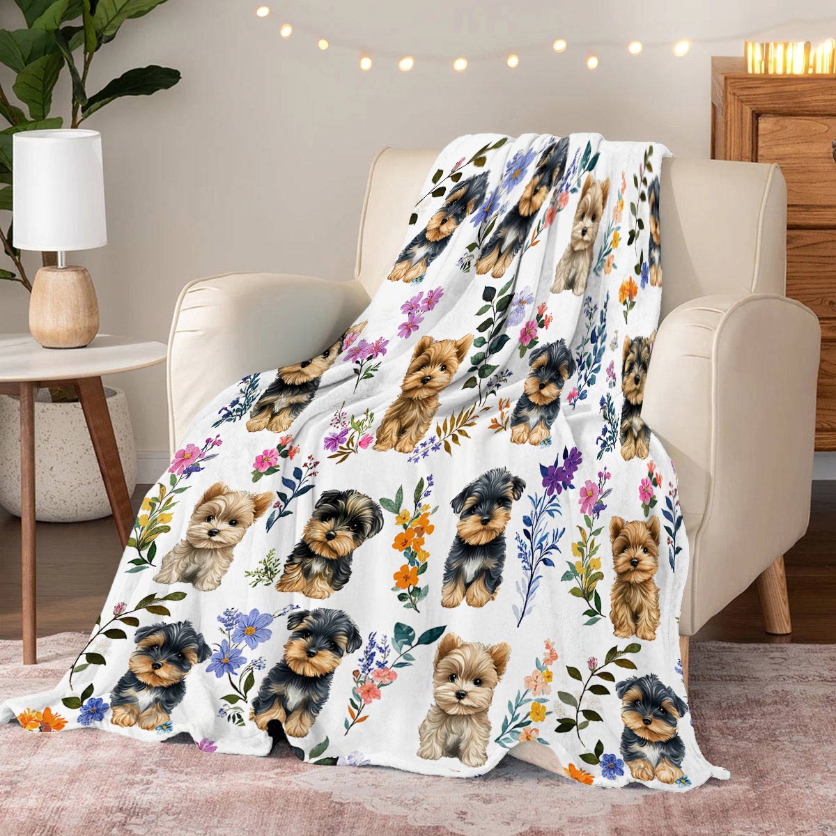 Lorva Fleece Blanket Charming Yorkie Floral
