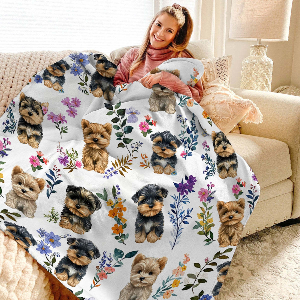 Lorva Fleece Blanket Charming Yorkie Floral