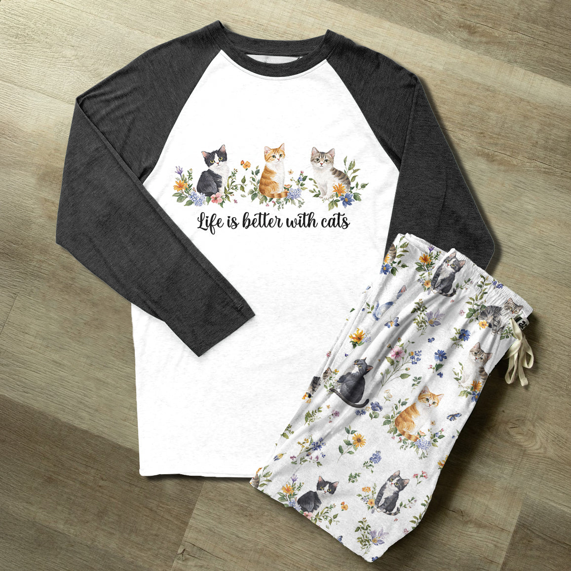 Lorva Raglan Lounge Pajamas Cute Floral Kitten