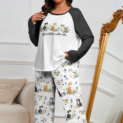 Lorva Raglan Lounge Pajamas Cute Floral Kitten