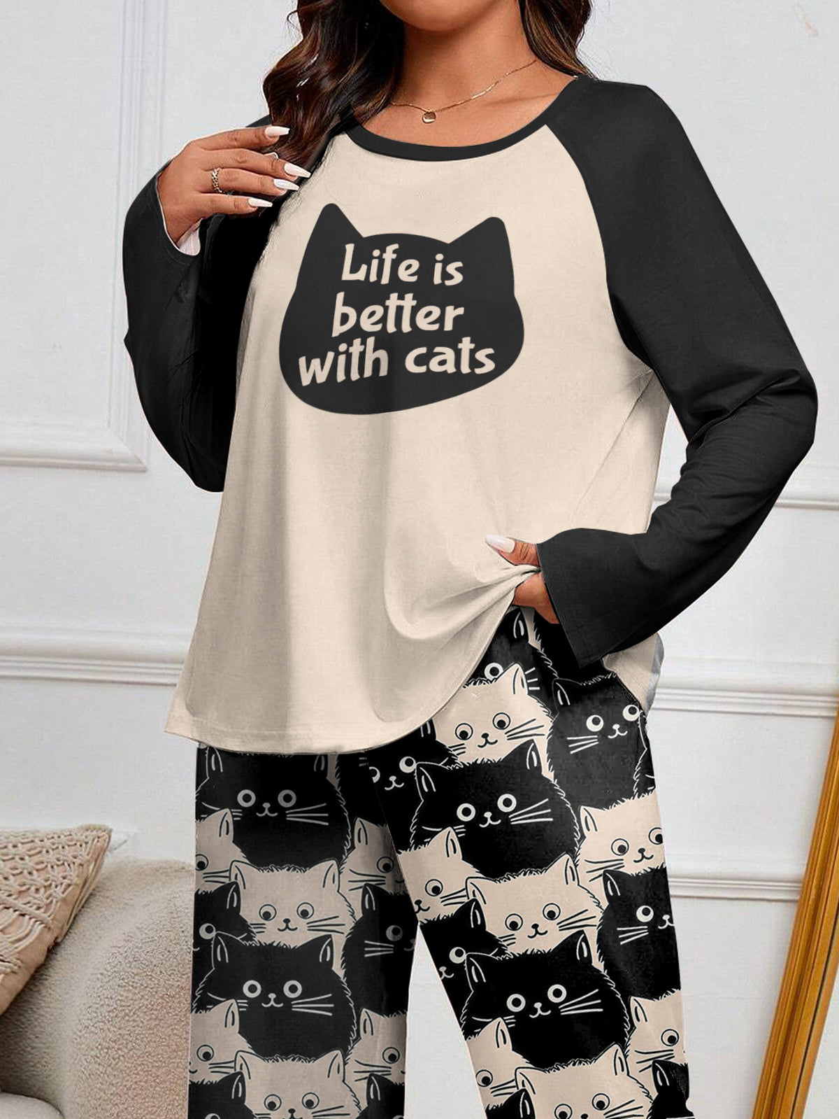 Lorva Raglan Lounge Pajamas Cute Fat Cats