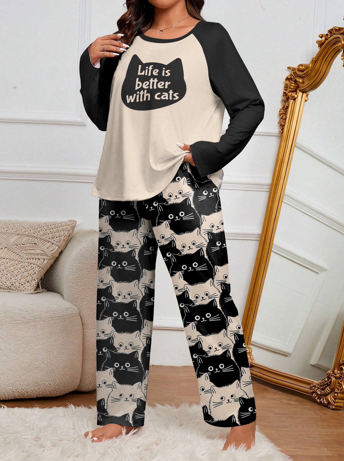 Lorva Raglan Lounge Pajamas Cute Fat Cats
