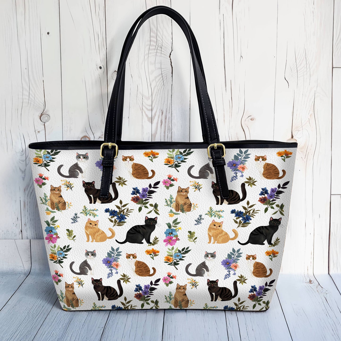 Lorva Leather Tote Bag Cute Floral Cats