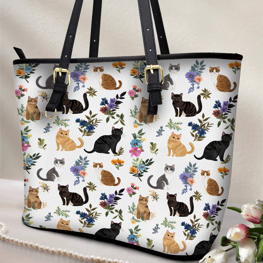 Lorva Leather Tote Bag Cute Floral Cats