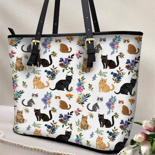 Lorva Leather Tote Bag Cute Floral Cats