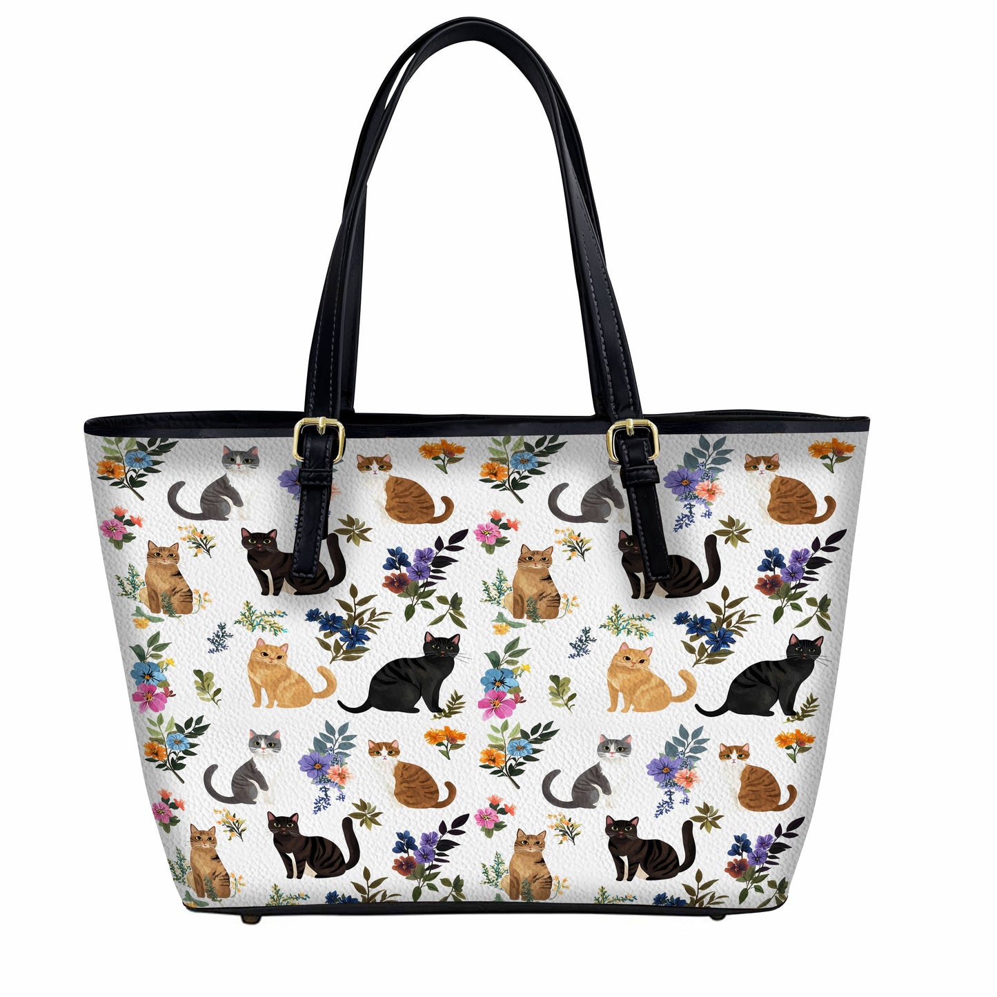 Lorva Leather Tote Bag Cute Floral Cats