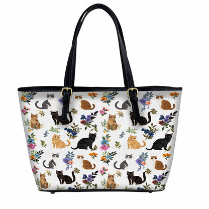 Lorva Leather Tote Bag Cute Floral Cats