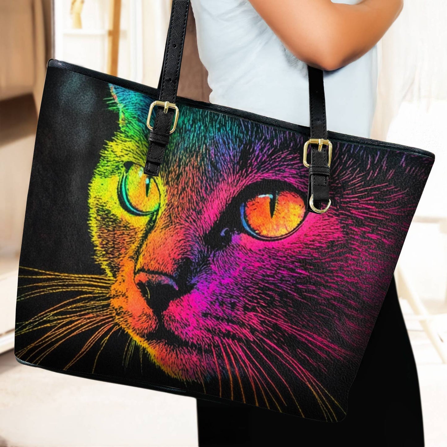 Lorva Leather Tote Bag Colorful Cat