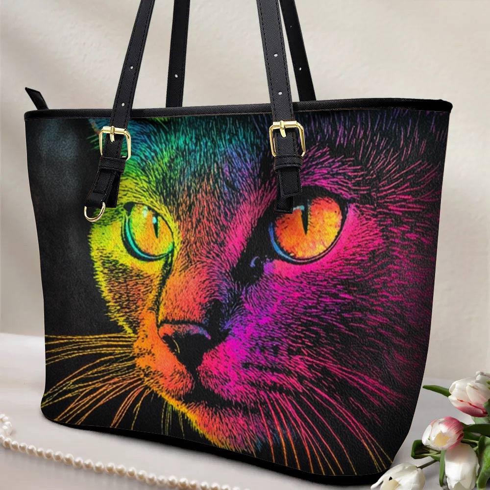 Lorva Leather Tote Bag Colorful Cat