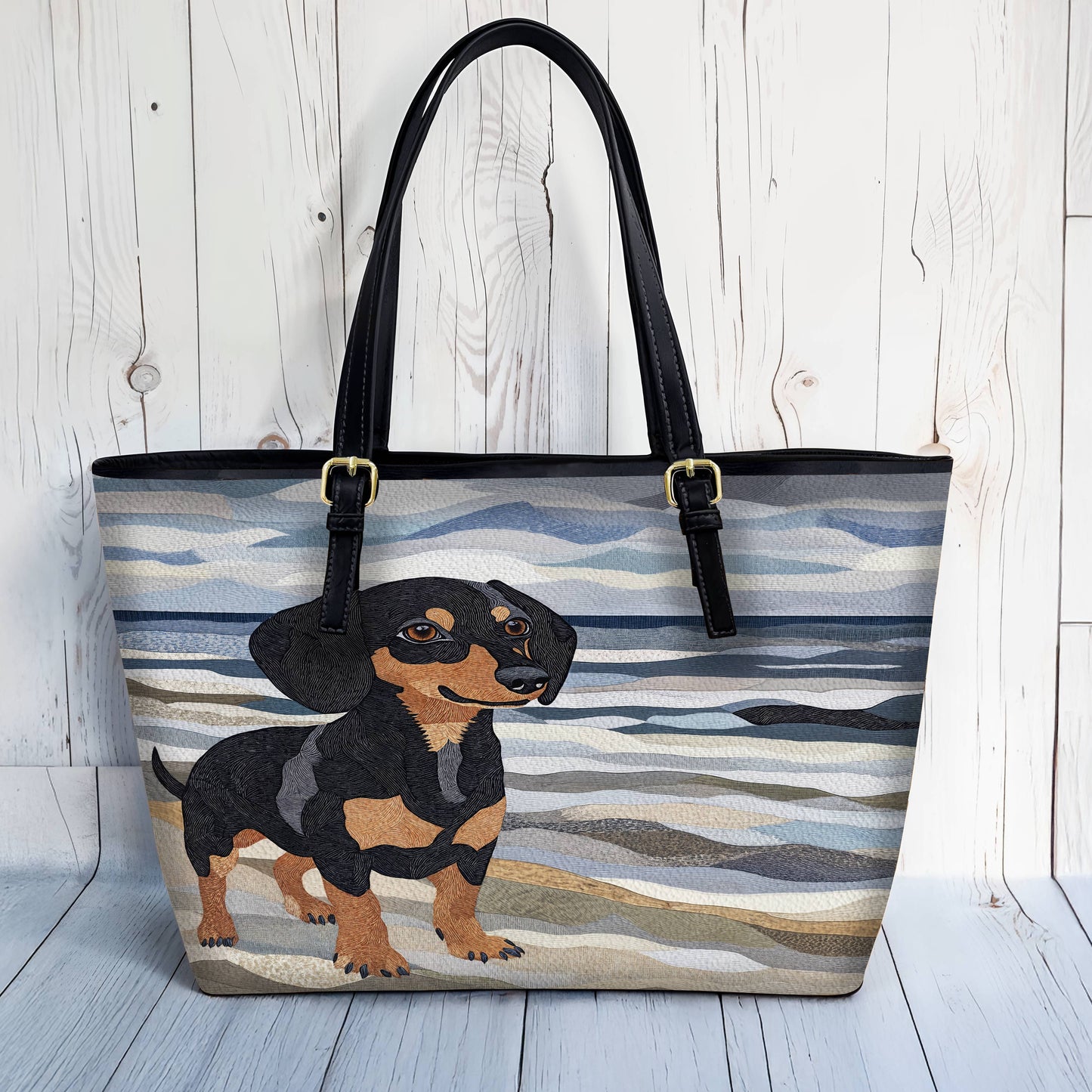 Lorva Leather Tote Bag Waves Dachshund