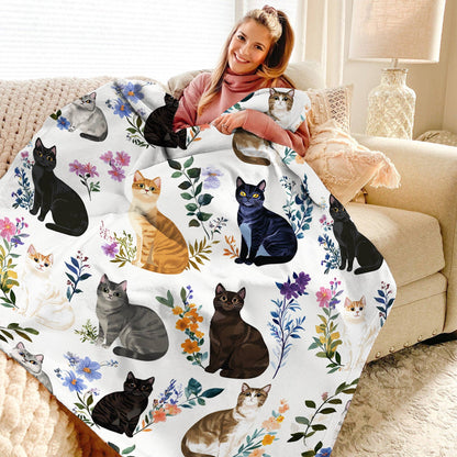 Lorva Fleece Blanket Charming Floral Cats