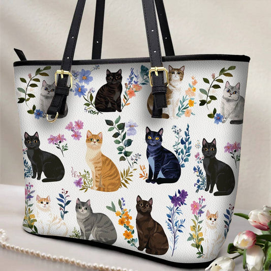 Lorva Leather Tote Bag Charming Floral Cats