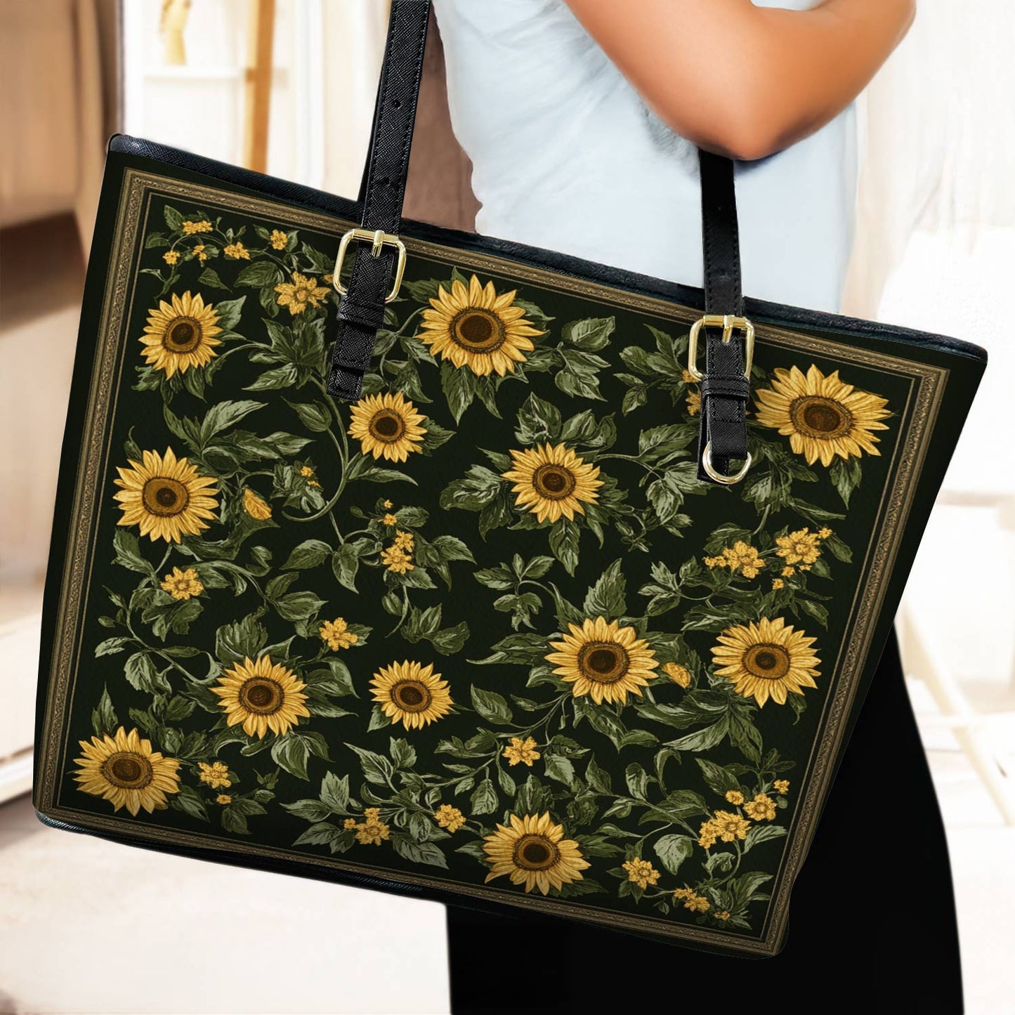 Lorva Leather Tote Bag Classical Sunflowers