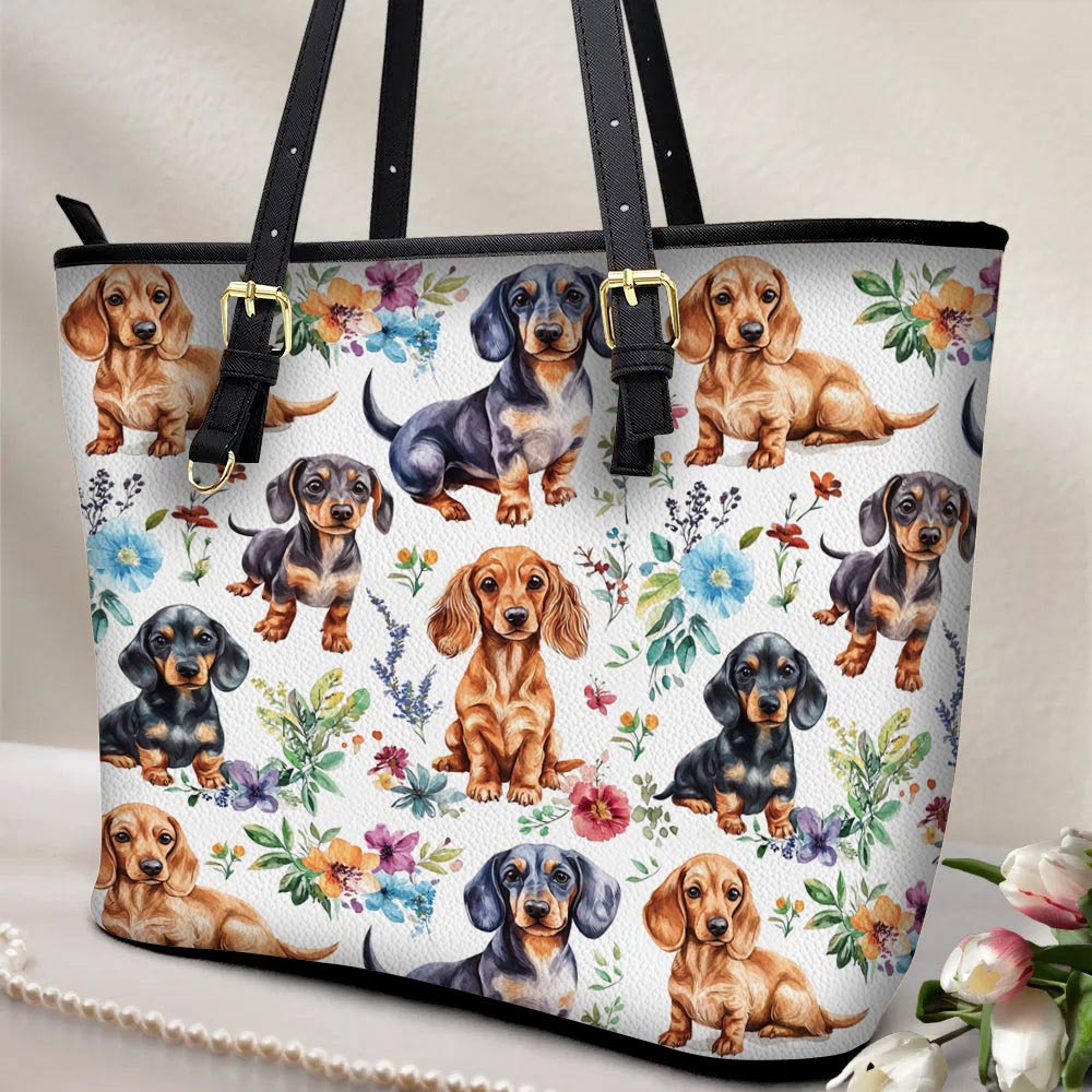 Lorva Leather Tote Bag Cute Floral Dachshund