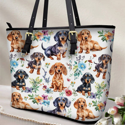 Lorva Leather Tote Bag Cute Floral Dachshund