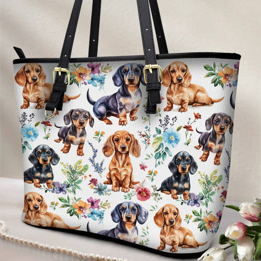 Lorva Leather Tote Bag Cute Floral Dachshund