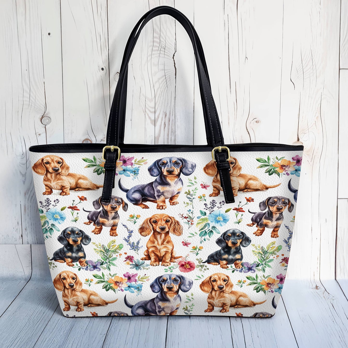 Lorva Leather Tote Bag Cute Floral Dachshund