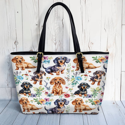 Lorva Leather Tote Bag Cute Floral Dachshund