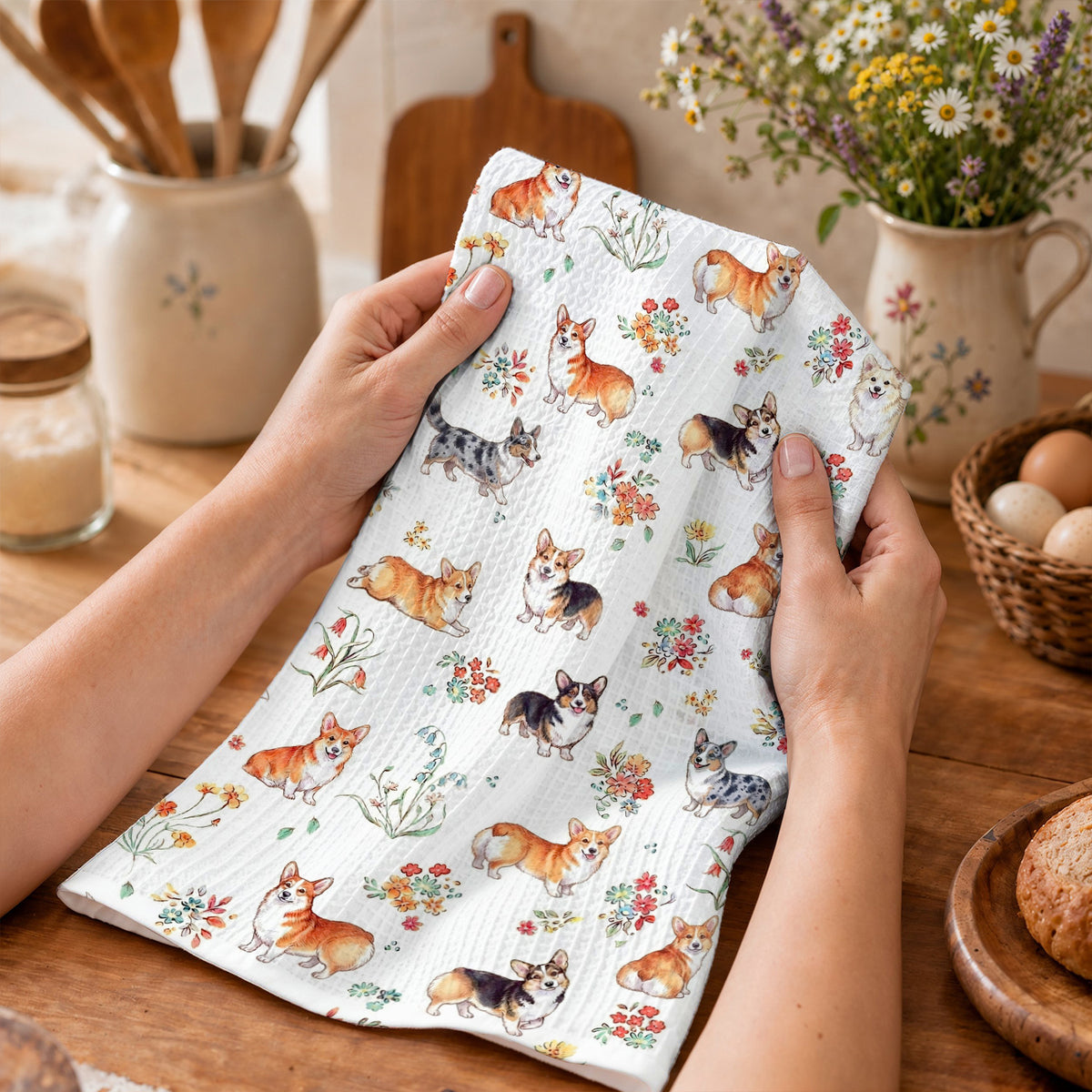 Lorva Kitchen Towel Charming Floral Corgi