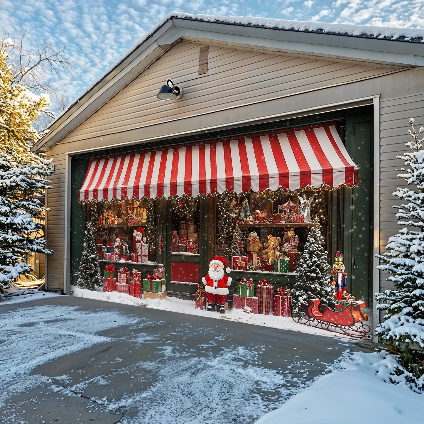 Lorva Christmas Garage Door Banner Decoration Christmas Magic at the Window A Snowy Shopfront with Santa and Presents