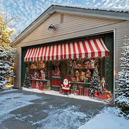 Lorva Christmas Garage Door Banner Decoration Christmas Magic at the Window A Snowy Shopfront with Santa and Presents