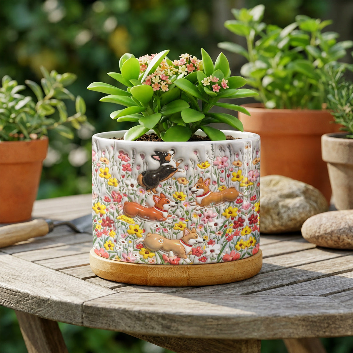 Lorva Corgi Flat Print Ceramic Plant Pot Cute Field Flowers