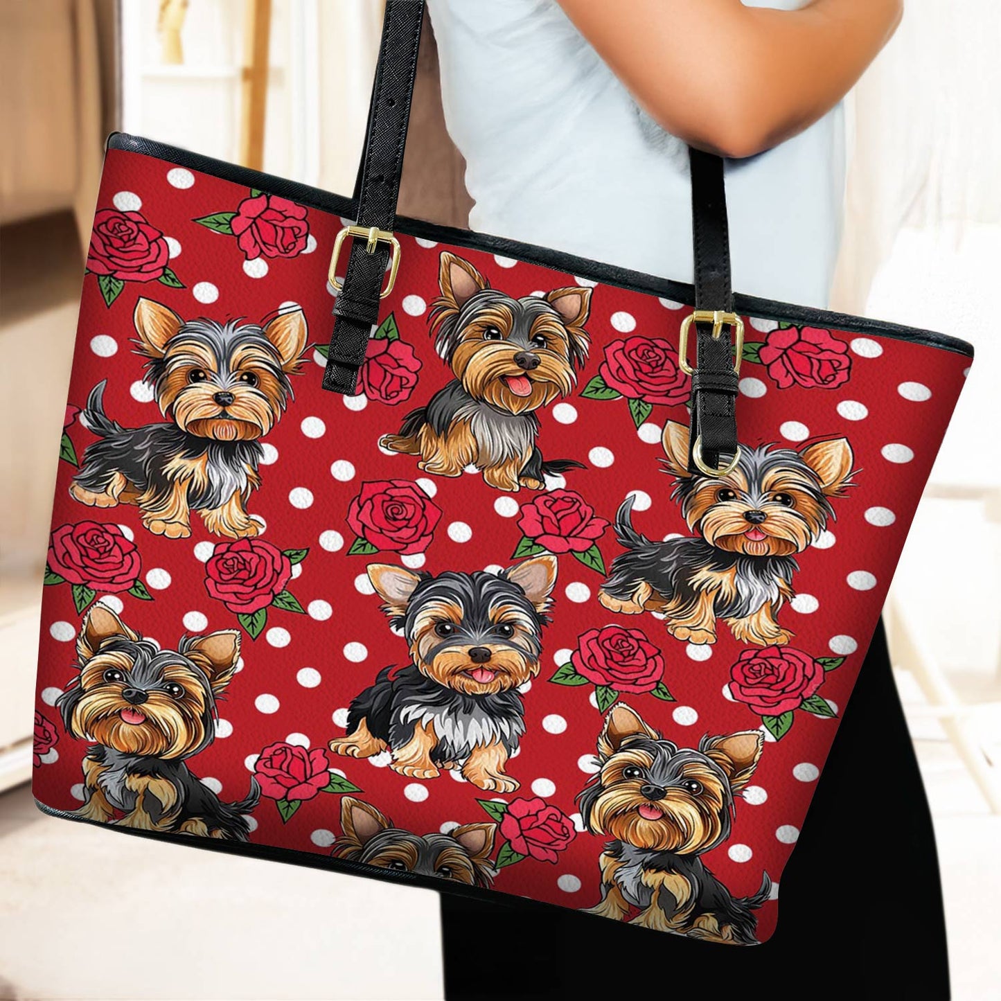 Lorva Leather Tote Bag Charming Rose Yorkie