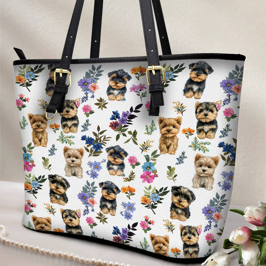 Lorva Leather Tote Bag Cute Floral Yorkie