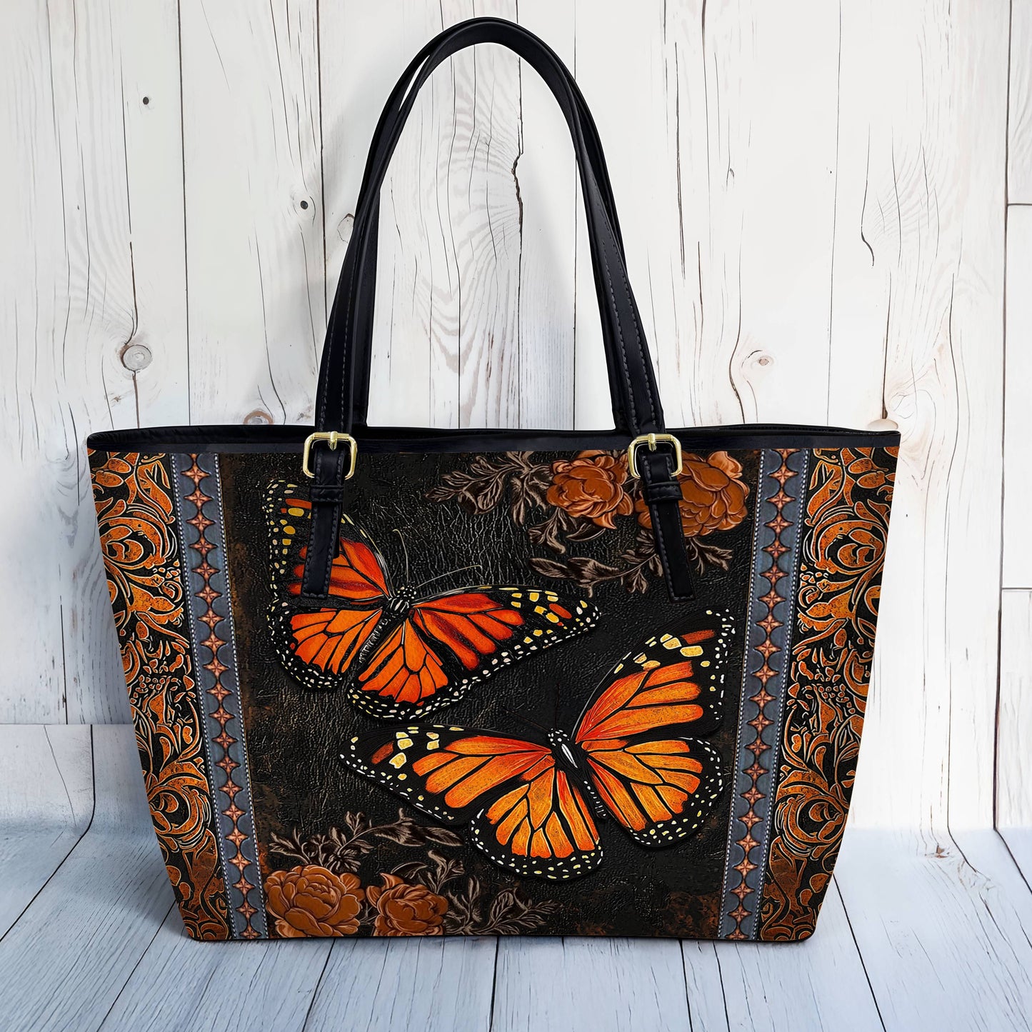 Lorva Monarch Butterfly Leather Tote Bag Vintage Ember Wings