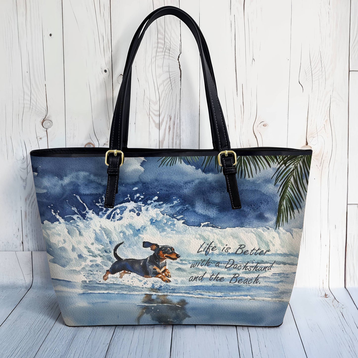 Lorva Dachshund Leather Tote Bag Waves & Wagging Tails