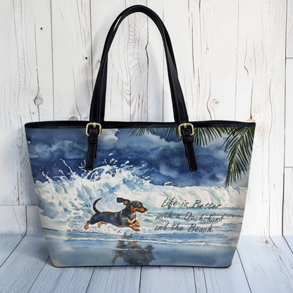 Lorva Dachshund Leather Tote Bag Waves & Wagging Tails