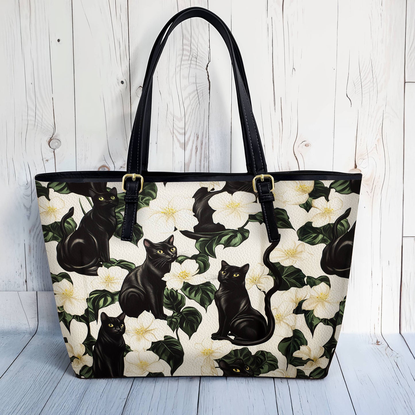 Lorva Black Cat Leather Tote Bag Gorgeous Plumeria