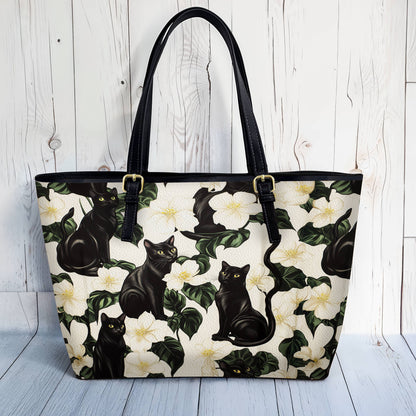 Lorva Black Cat Leather Tote Bag Gorgeous Plumeria
