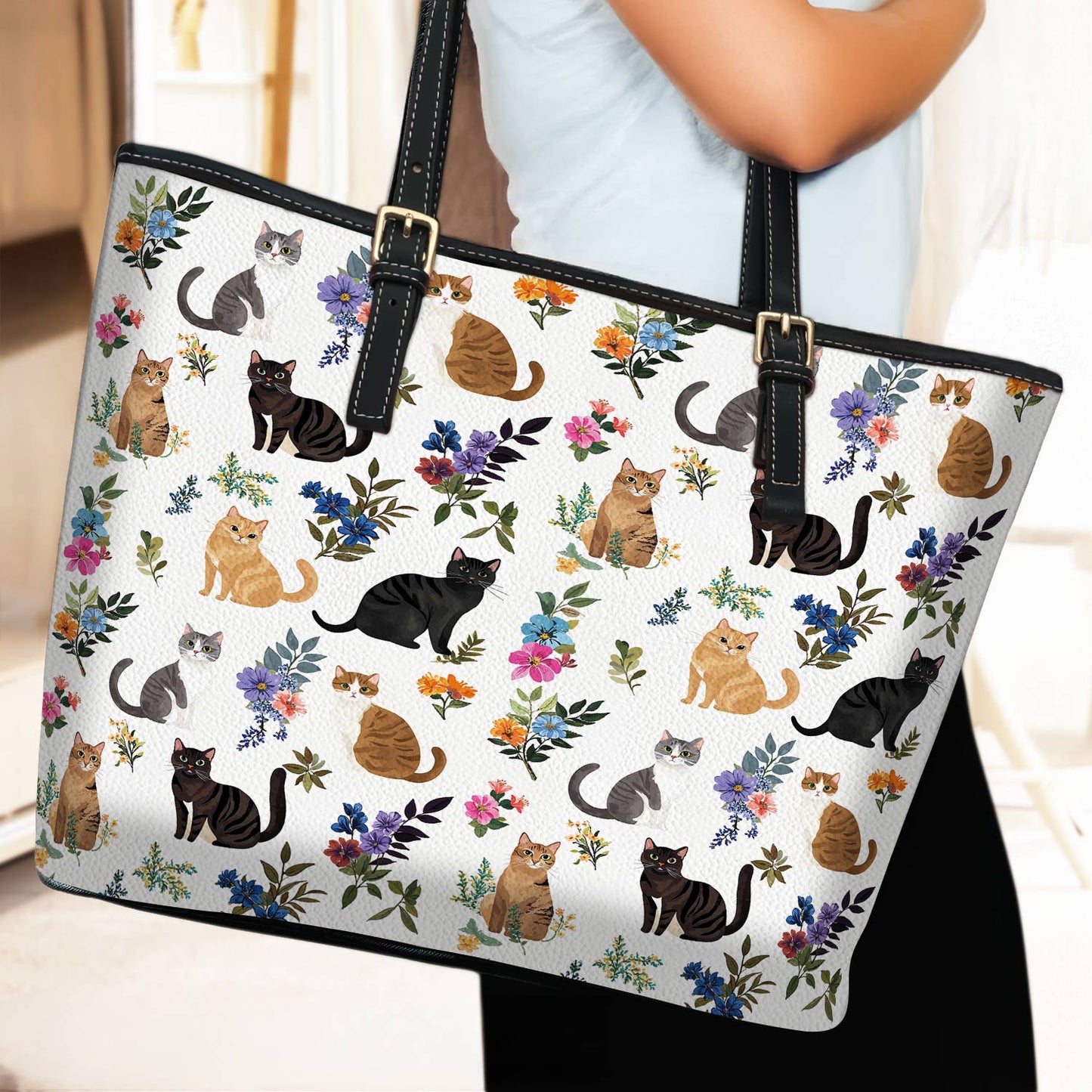 Lorva Leather Tote Bag Cute Floral Cats