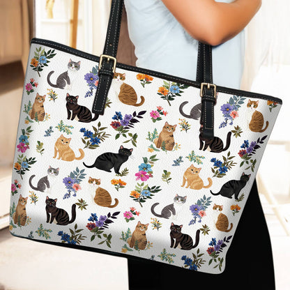 Lorva Leather Tote Bag Cute Floral Cats