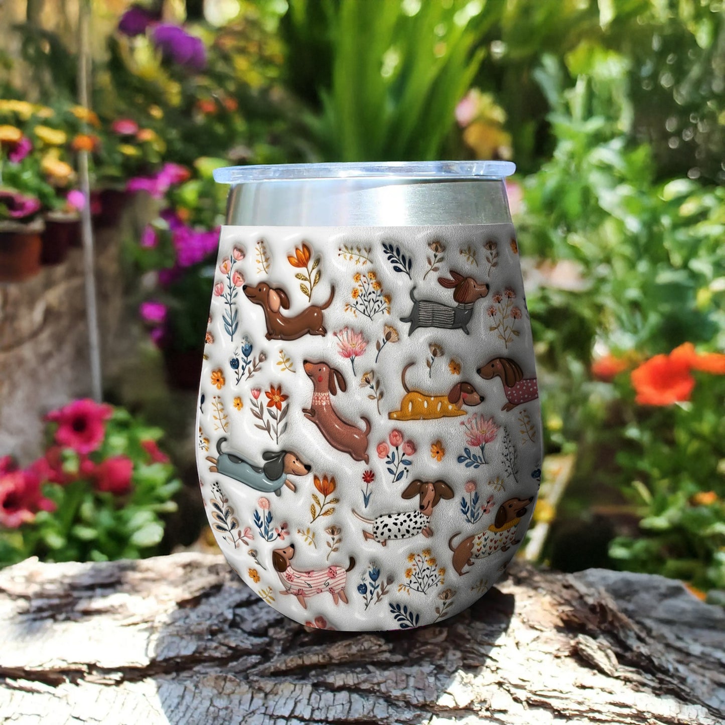 Lorva Dachshund Wine Tumbler Happy Field Flowers