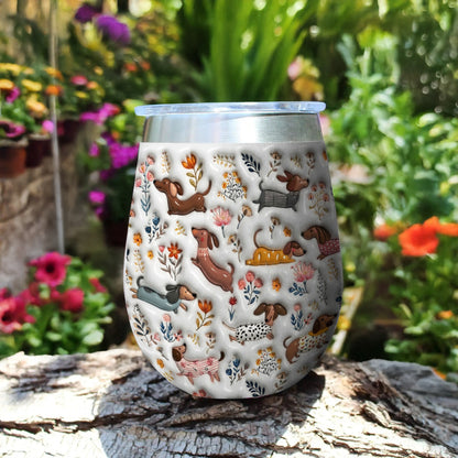 Lorva Dachshund Wine Tumbler Happy Field Flowers