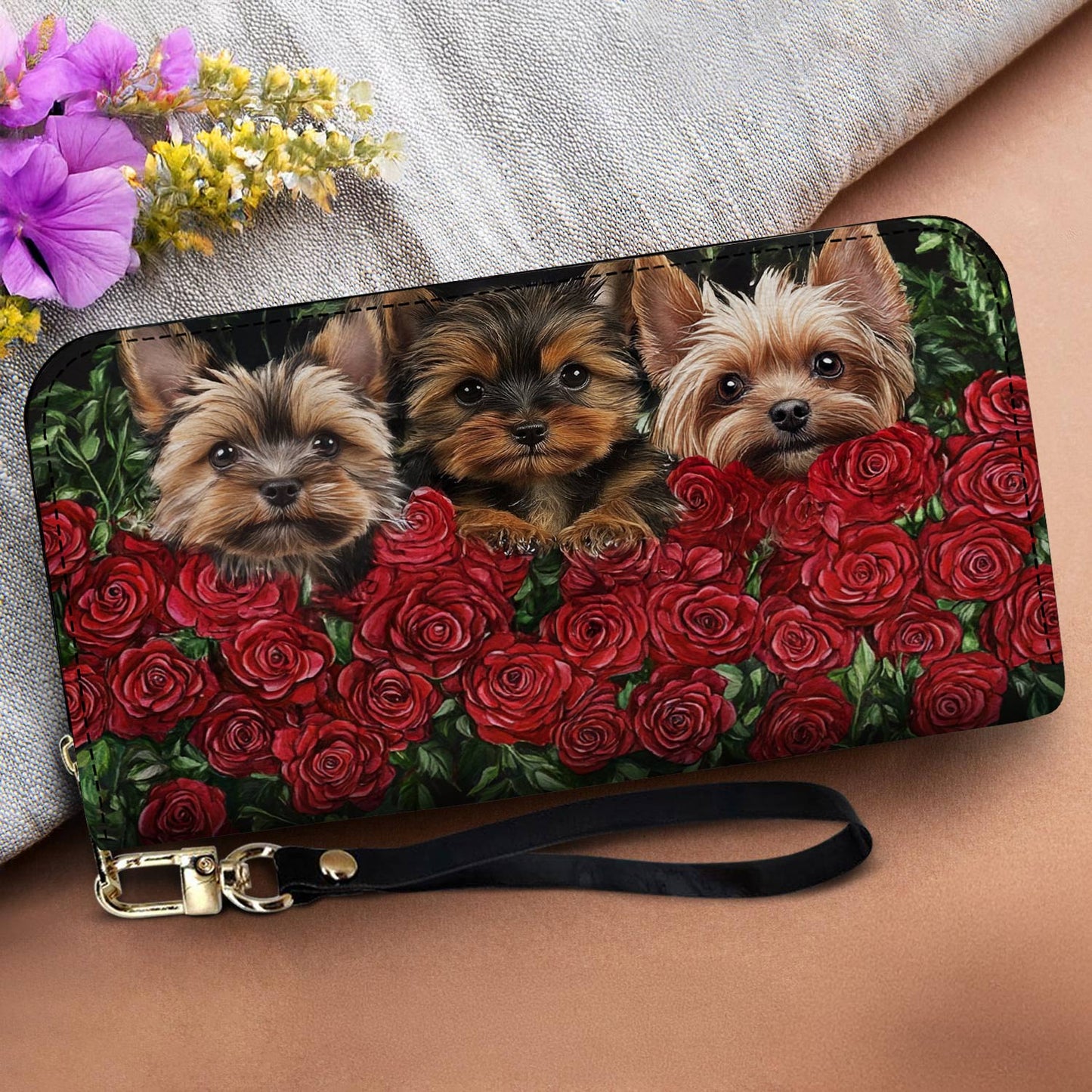 Lorva Leather Wallet A Floral Fantasy with Furry Friends