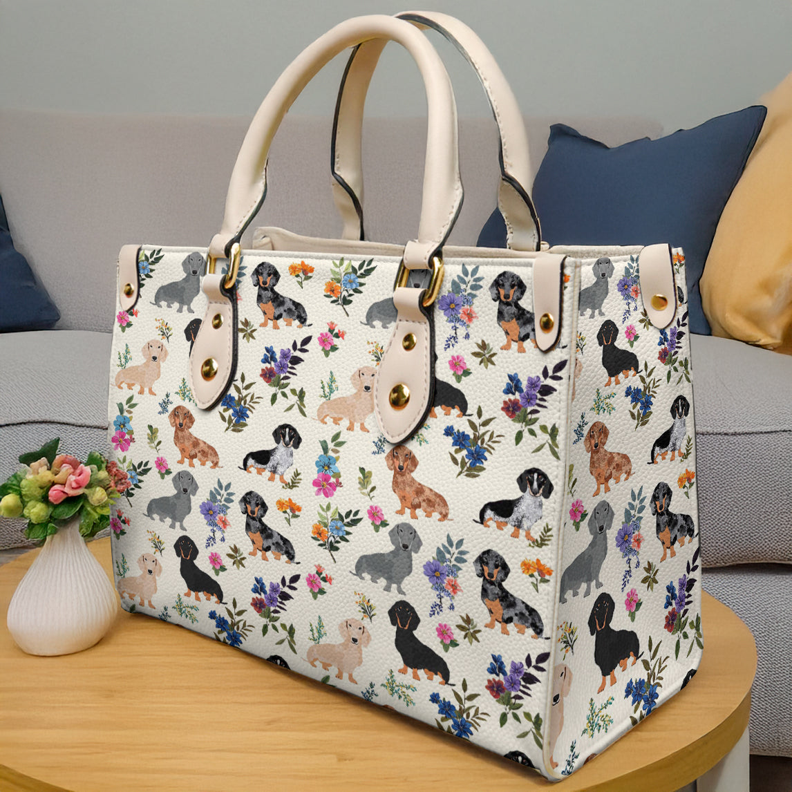Lorva Leather Bag Charming Floral Dachshunds