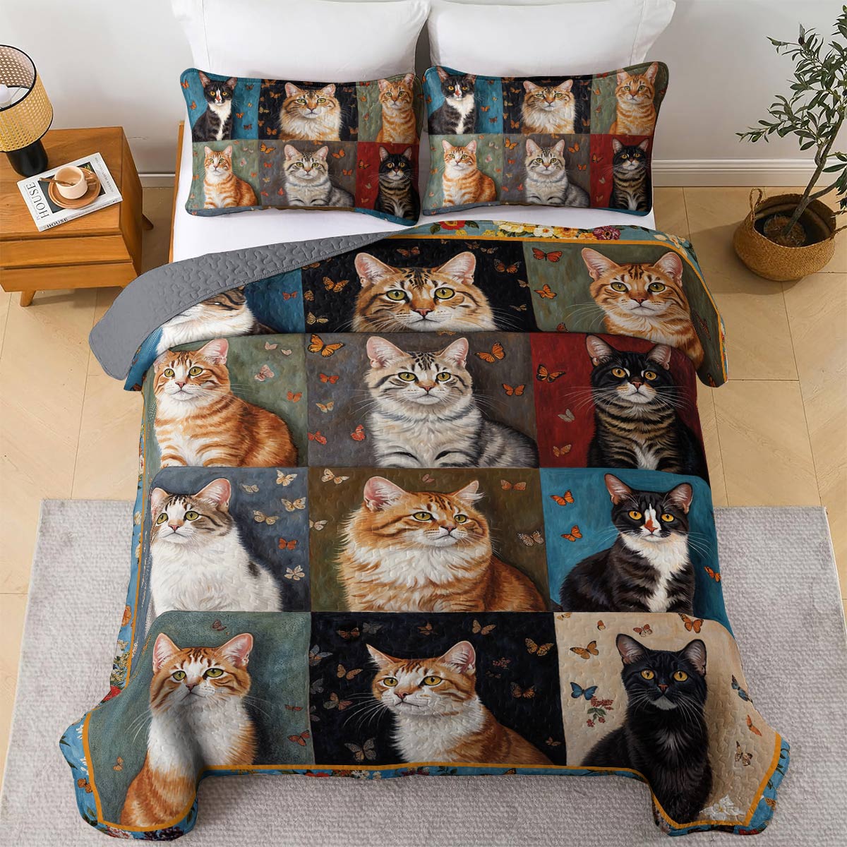 Lorva Cat All Season Quilt 3-Piece Set Cats And Butterflies